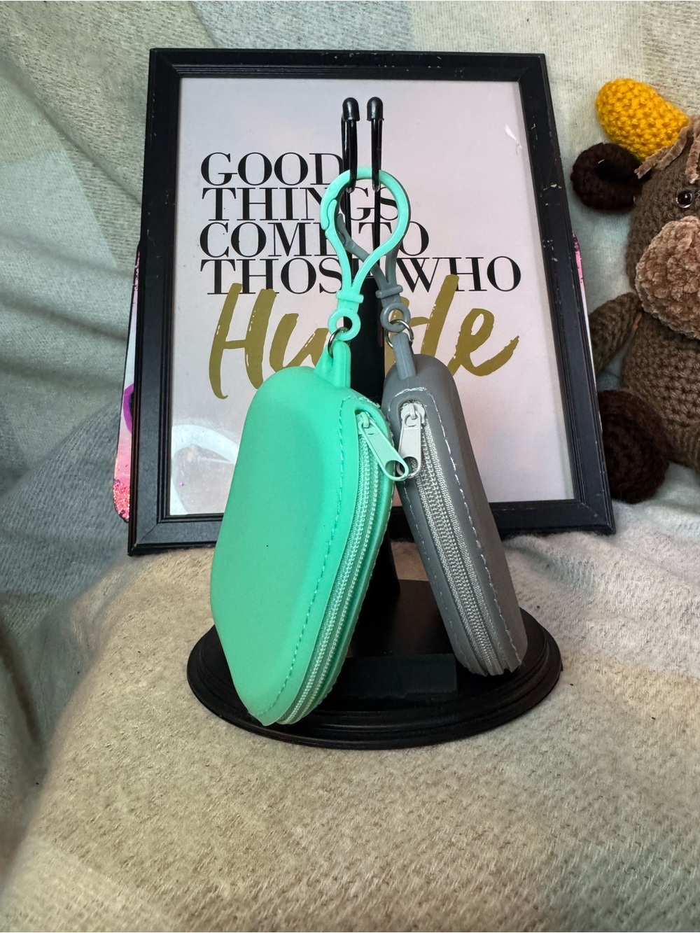 Mint Green & Gray Silicone Zip Pouch Duo with Key Clip